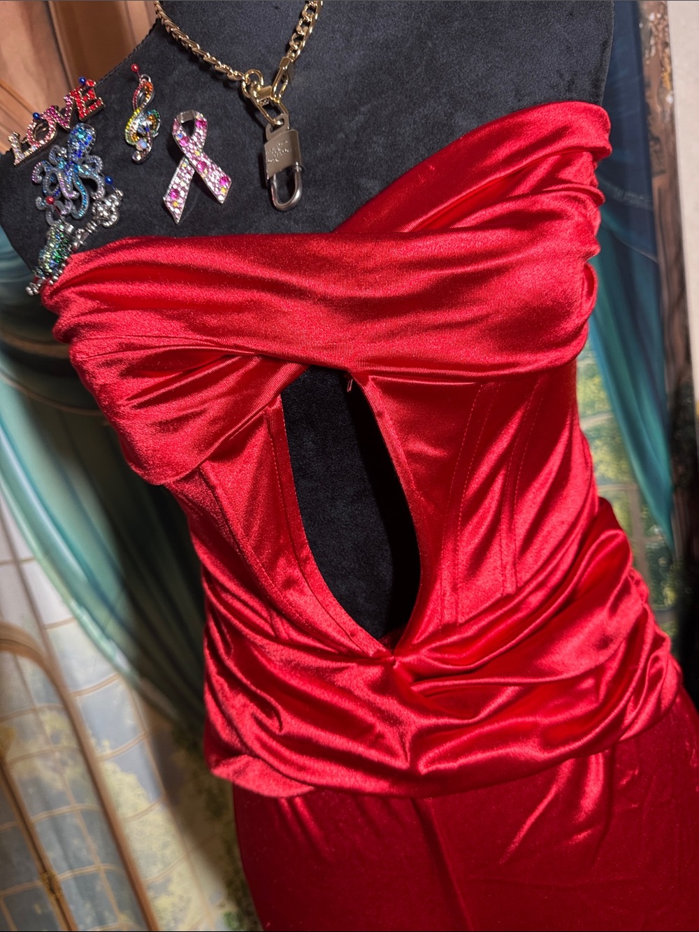 Red Satin Corset Strapless Cutout Dress Medium